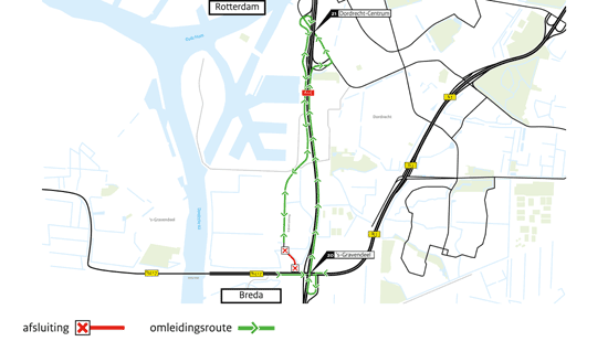 Weekendafsluiting gedeelte Rijksstraatweg Dordrecht