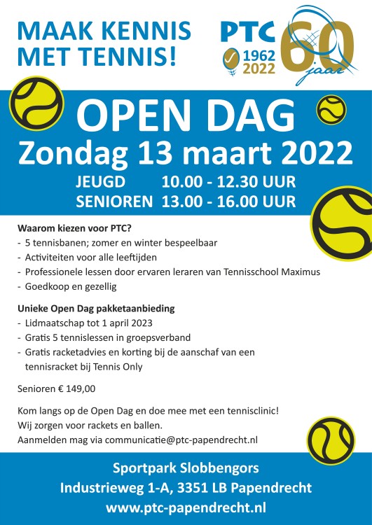 Jubilerende Papendrechtse Tennis Club (PTC) organiseert een open dag op 13 maart.
